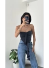Lena Antrasit Straplez Önü Fırfırlı Bluz