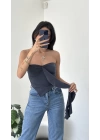 Lena Antrasit Straplez Önü Fırfırlı Bluz