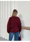 Leopar Fular Detaylı Triko Kazak Bordo