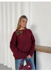 Leopar Fular Detaylı Triko Kazak Bordo