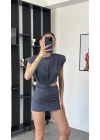 Lucia Antrasit Bel Detay Vatkalı Elbise