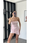 Lucy Pembe Şal Detaylı Straplez Fırfır Elbise