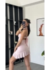 Lucy Pembe Şal Detaylı Straplez Fırfır Elbise