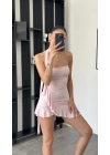 Lucy Pembe Şal Detaylı Straplez Fırfır Elbise