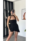 Lucy Siyah Şal Detaylı Straplez Fırfır Elbise