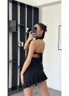 Lucy Siyah Şal Detaylı Straplez Fırfır Elbise