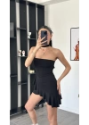 Lucy Siyah Şal Detaylı Straplez Fırfır Elbise