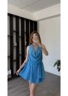 Mavi Chloe Degaje Yakalı Şortlu Volan Elbise