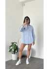 Mavi Çizgi Desen Oversize Teddy Gömlek