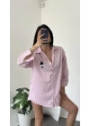 Pembe Çizgi Desen Oversize Teddy Gömlek