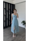 Mavi Lorena Kurdele Askılı Çiçekli Elbise