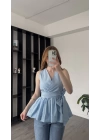 Mavi Senna Kuşaklı Volanlı Bluz
