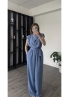 Mavi Vivi Kuşaklı Vatkalı Tulum
