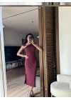 Mokka Gold Toka Detaylı Midi Elbise Bordo