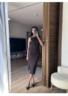 Mokka Gold Toka Detaylı Midi Elbise Kahverengi