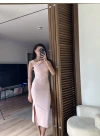Mokka Gold Toka Detaylı Midi Elbise Pudra