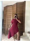 Omuz Detaylı Asimetrik Kesim Elbise Bordo