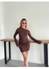 Asimetrik Büzgü Detay Sandy Elbise Kahve