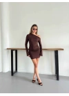 Asimetrik Büzgü Detay Sandy Elbise Kahve