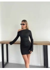 Asimetrik Büzgü Detay Sandy Elbise Siyah