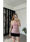 Pembe Belinda Yırtmaçlı Straplez Bluz