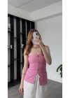 Pembe Elsa Broşlu Straplez Bluz