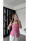 Pembe Elsa Broşlu Straplez Bluz