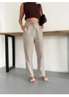 Pilise Detaylı Bol Paça Kaşe Pantolon Krem