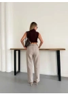 Pilise Detaylı Bol Paça Kaşe Pantolon Krem