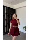 Rayne Bordo Kemer Detaylı Şortlu Pileli Etek