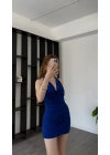 Riva Lacivert Degaje Yaka Mini Büzgü Elbise