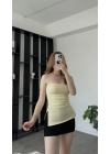 Sarı Belinda Yırtmaçlı Straplez Bluz