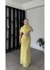 Sarı Lili Tül Omuz Detaylı Elbise
