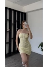 Sarı Loren Bağcık Yaka Detaylı Straplez Elbise