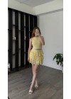 Sarı Ruby Kolsuz Bluz Etek Güpürlü Takım