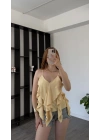 Sarı Sandra Fırfır Detay Askılı Bluz