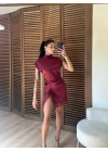 Saten Yırtmaçlı Dantelli Elbise Bordo