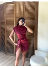 Saten Yırtmaçlı Dantelli Elbise Bordo