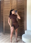Saten Yırtmaçlı Dantelli Elbise Kahve