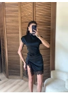 Saten Yırtmaçlı Dantelli Elbise Siyah