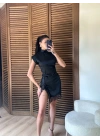 Saten Yırtmaçlı Dantelli Elbise Siyah