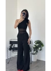 Sely Siyah Asimetrik Tül Detay Bluz