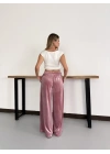 Şerit Detaylı Kadime Kumaş Geniş Paça Eşofman Altı Pembe