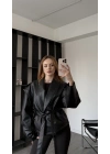 Siyah Anja Tasarım Kuşaklı Deri Ceket