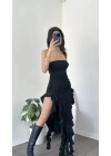 Siyah Elora Fırfırlı Straplez Elbise
