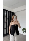 Siyah Elsa Broşlu Straplez Bluz
