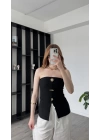 Siyah Elsa Broşlu Straplez Bluz