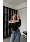 Siyah Fancy Madonna Fırfırlı Bluz