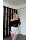 Siyah Isabel Tül Detay Madonna Bluz