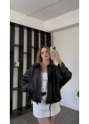 Siyah Jenna Kemerli Bomber Deri Ceket